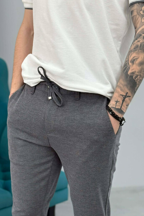 LACING WAIST SIMPLE MEN PANTS DARK GREY/GEE - 3