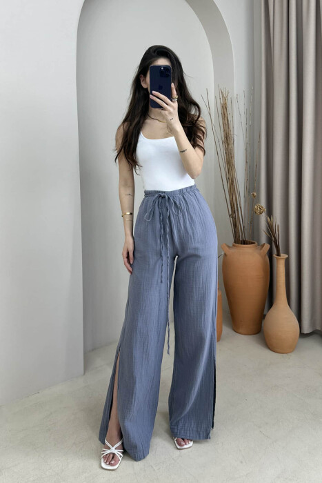 PANTALLONA NJË NGJYRËSHE ME DETAJIN E LIDHSES PËR FEMRA NË NGJYRË GRI - KLAUDIO FASHION