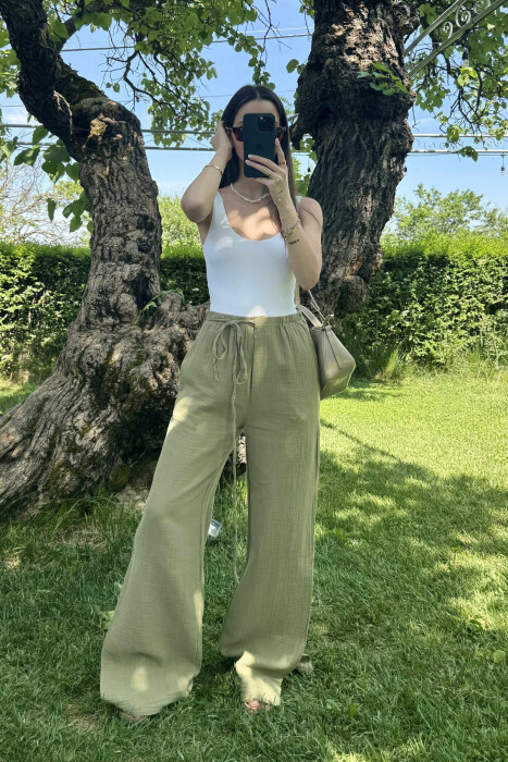 LACING WIDE LEG ONE COLOR WOMEN TROUSERS OLIVE/ULLI - 1