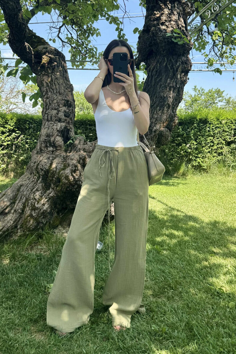 LACING WIDE LEG ONE COLOR WOMEN TROUSERS OLIVE/ULLI - 1