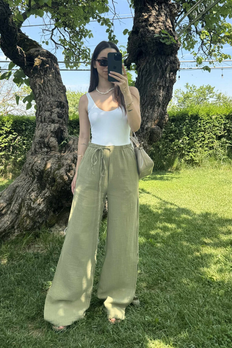 LACING WIDE LEG ONE COLOR WOMEN TROUSERS OLIVE/ULLI - 2
