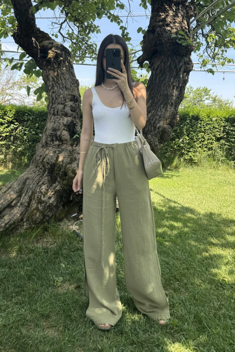 LACING WIDE LEG ONE COLOR WOMEN TROUSERS OLIVE/ULLI - 3