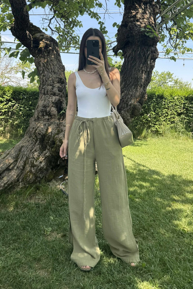 LACING WIDE LEG ONE COLOR WOMEN TROUSERS OLIVE/ULLI - 3