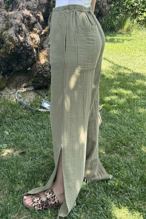 LACING WIDE LEG ONE COLOR WOMEN TROUSERS OLIVE/ULLI - 4