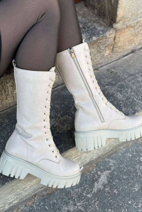 LACINGS WOMEN KNEE HIGH BOOTS CREAM/KREM - 5