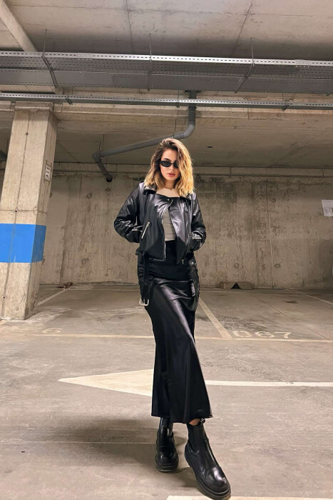 ONE COLOR LEATHER BELTED WOMEN JACKET BLACK/ E ZEZE - 1