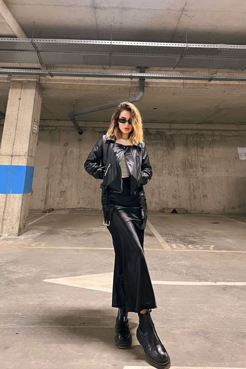 ONE COLOR LEATHER BELTED WOMEN JACKET BLACK/ E ZEZE - 1