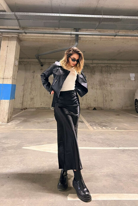 ONE COLOR LEATHER BELTED WOMEN JACKET BLACK/ E ZEZE - 3