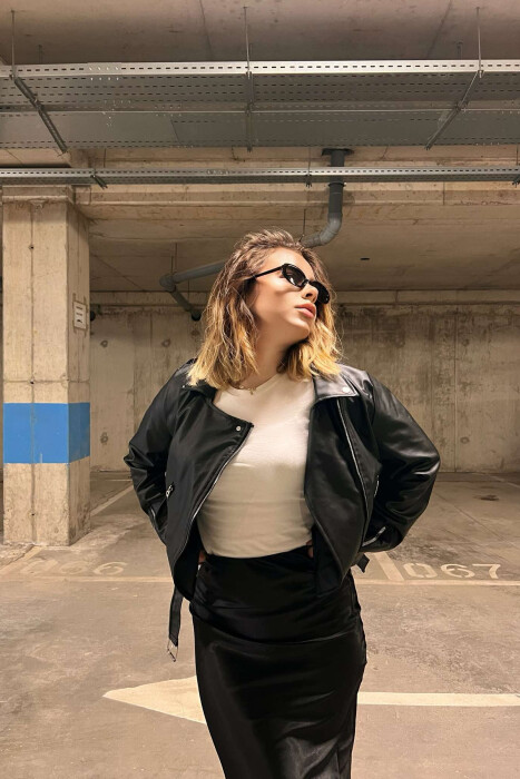 ONE COLOR LEATHER BELTED WOMEN JACKET BLACK/ E ZEZE - 5