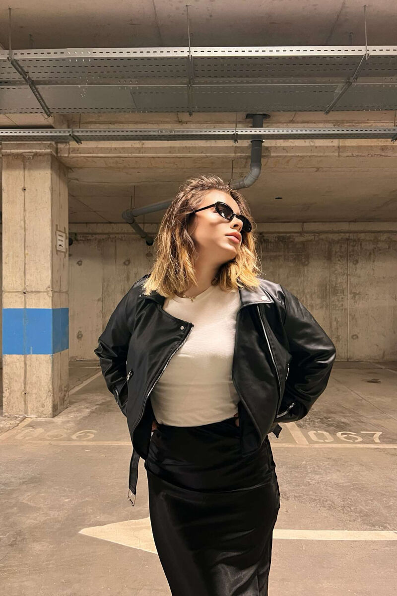 ONE COLOR LEATHER BELTED WOMEN JACKET BLACK/ E ZEZE - 5