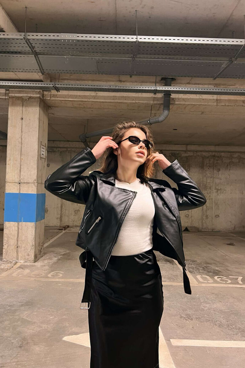 ONE COLOR LEATHER BELTED WOMEN JACKET BLACK/ E ZEZE - 7