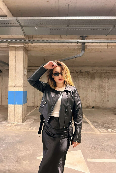 ONE COLOR LEATHER BELTED WOMEN JACKET BLACK/ E ZEZE - 8