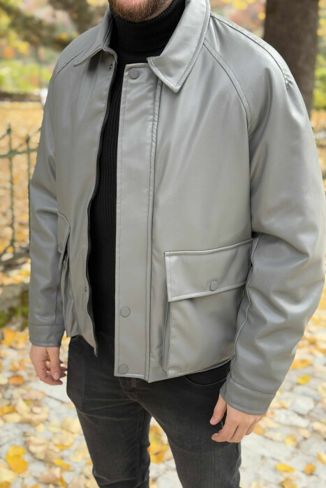 LEATHER BUTTONED AND ZIPPER MEN JACKET GREY/GRI - 1