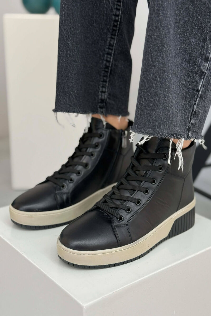 LEATHER FLUFFY SIDE ZIPPER WOMEN SNEAKERS BLACK/ E ZEZE - 1