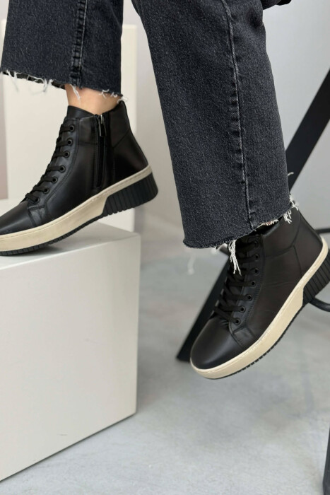 LEATHER FLUFFY SIDE ZIPPER WOMEN SNEAKERS BLACK/ E ZEZE - 2