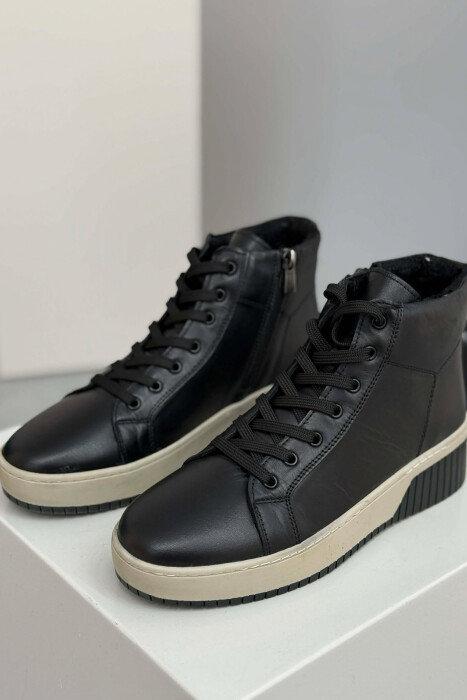 LEATHER FLUFFY SIDE ZIPPER WOMEN SNEAKERS BLACK/ E ZEZE - 3