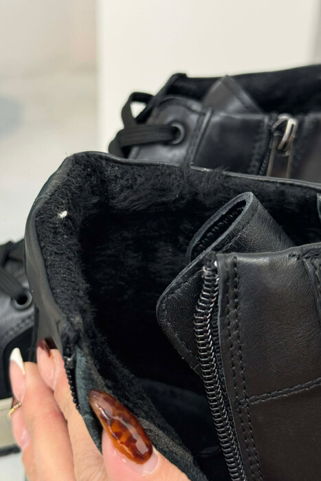 LEATHER FLUFFY SIDE ZIPPER WOMEN SNEAKERS BLACK/ E ZEZE - 5