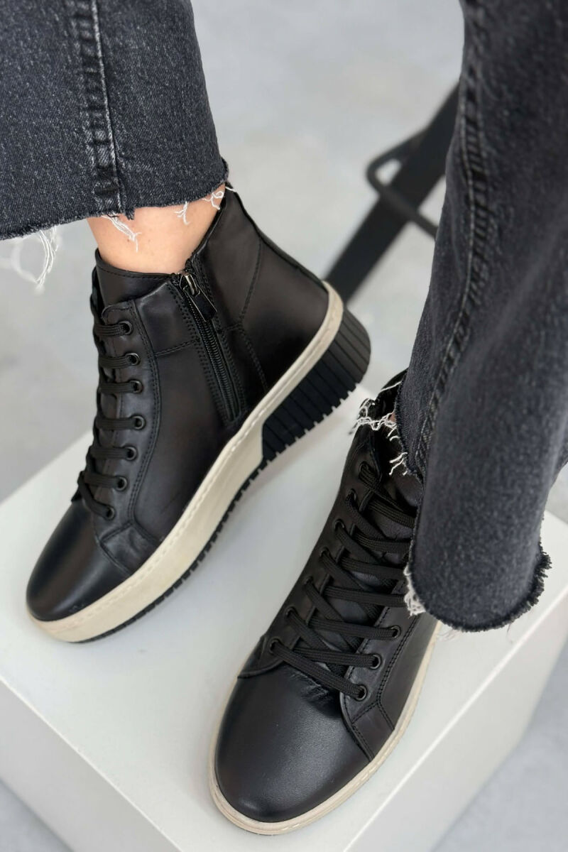 LEATHER FLUFFY SIDE ZIPPER WOMEN SNEAKERS BLACK/ E ZEZE - 6