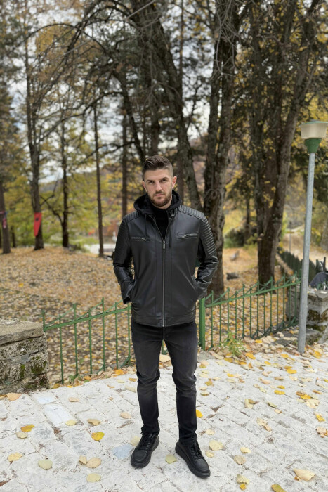 LEATHER HOODED ONE COLOR MEN JACKET BLACK/ E ZEZE - 2