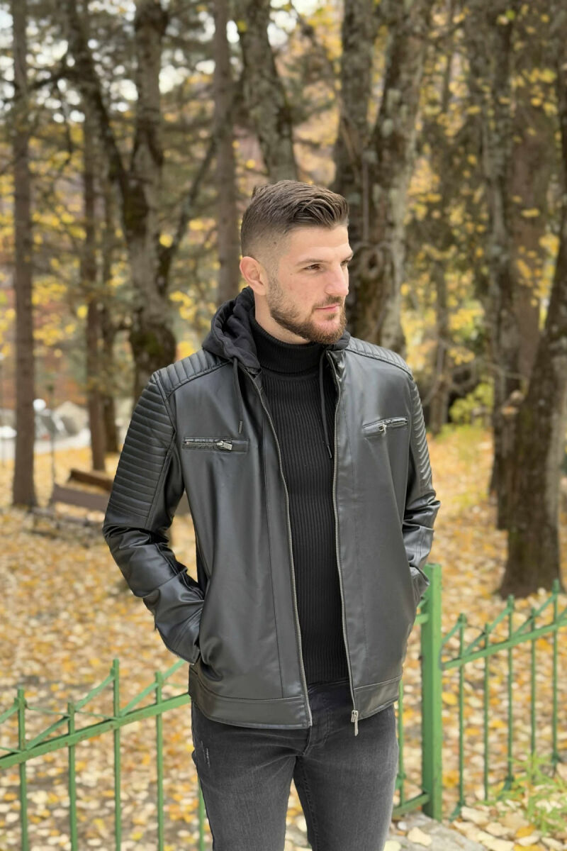 LEATHER HOODED ONE COLOR MEN JACKET BLACK/ E ZEZE - 3