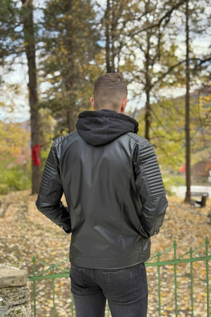 LEATHER HOODED ONE COLOR MEN JACKET BLACK/ E ZEZE - 4