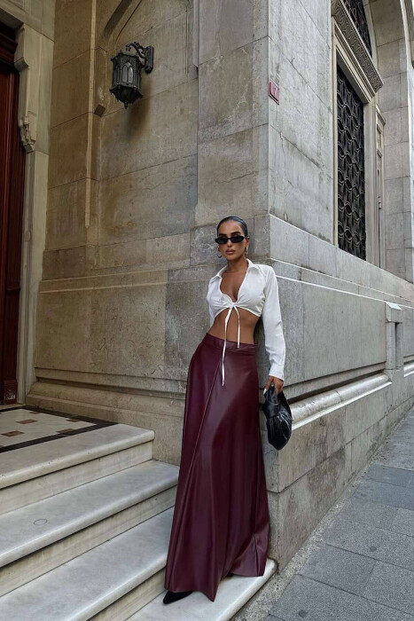 LEATHER LONG SKIRT BURGUNDY/VISHNJE - 4