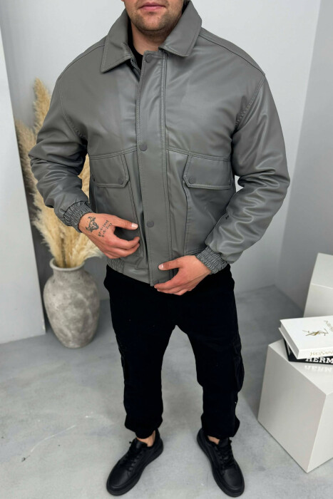 LEATHER ONE COLOR FRONT POCKETS MEN JACKET GREY/GRI - 1