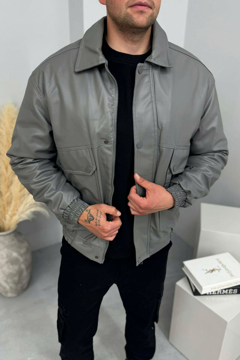 LEATHER ONE COLOR FRONT POCKETS MEN JACKET GREY/GRI - 3