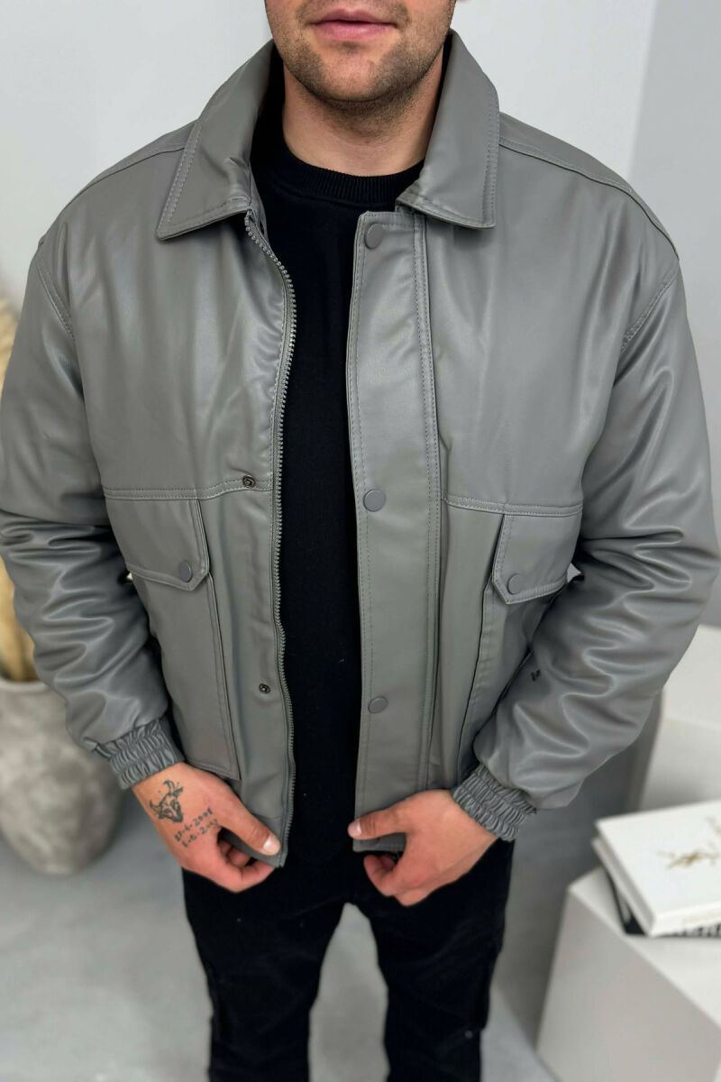 LEATHER ONE COLOR FRONT POCKETS MEN JACKET GREY/GRI - 6