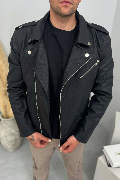 LEATHER ONE COLOR ZIPPER MEN JACKET BLACK/ E ZEZE - 3