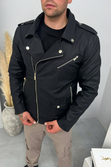 LEATHER ONE COLOR ZIPPER MEN JACKET BLACK/ E ZEZE - 4