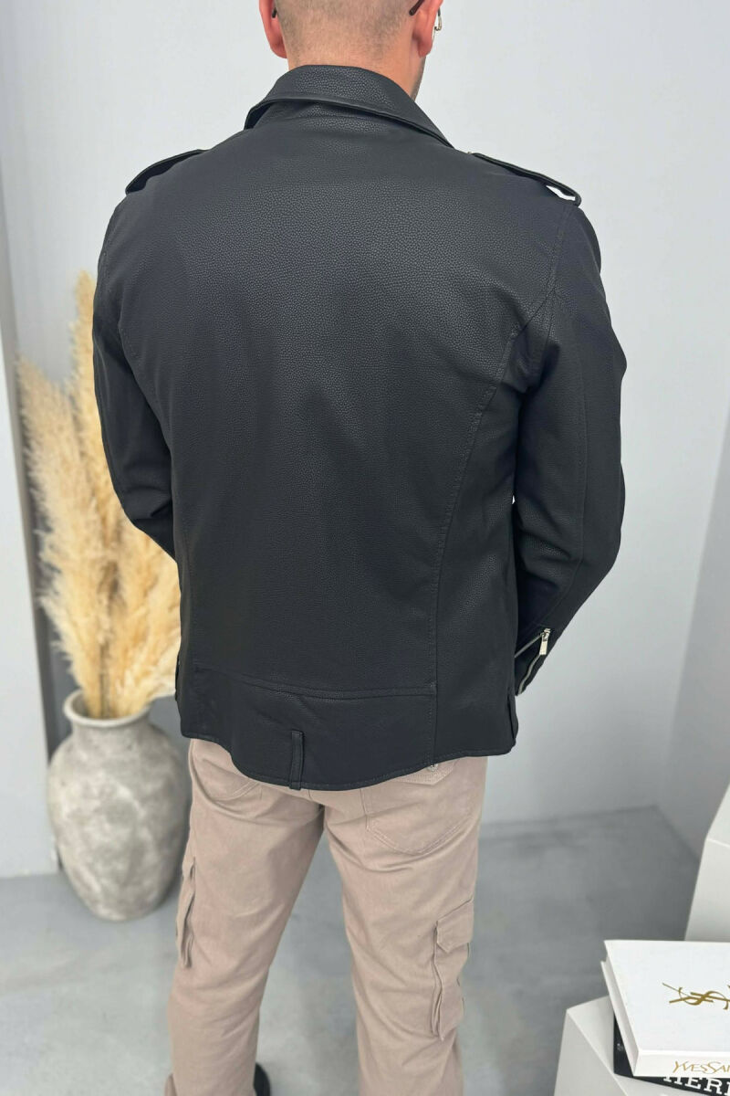 LEATHER ONE COLOR ZIPPER MEN JACKET BLACK/ E ZEZE - 5