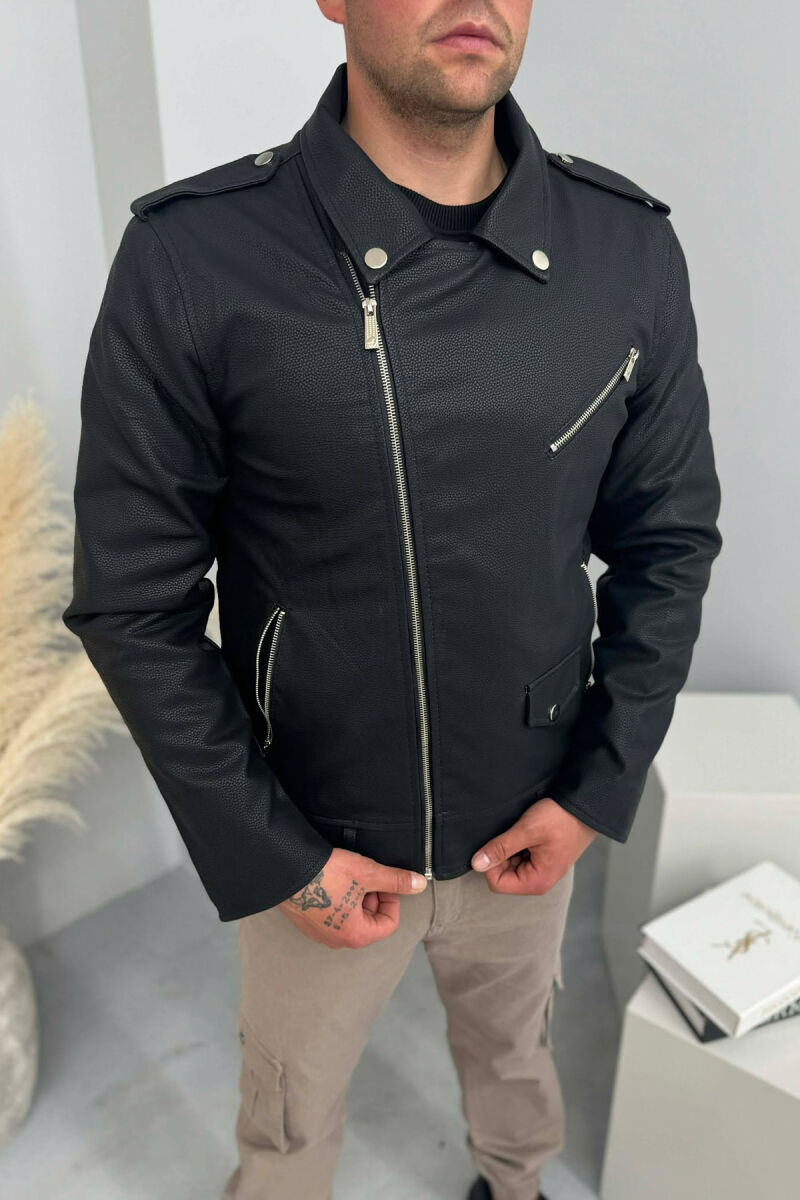 LEATHER ONE COLOR ZIPPER MEN JACKET BLACK/ E ZEZE - 8