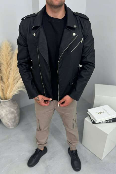LEATHER ONE COLOR ZIPPER MEN JACKET BLACK/ E ZEZE - KLAUDIO FASHION