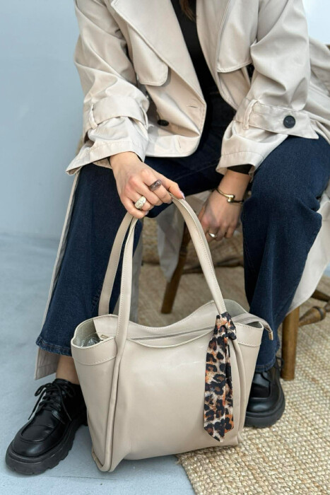 LEATHER SCARF DETAIL WOMEN BAG BEIGE/BEZHE - 3