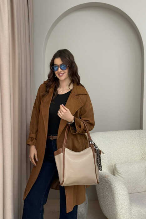 LEATHER SCARF DETAIL WOMEN BAG BEIGE+BROWN/BEZHE+KAFE - 1