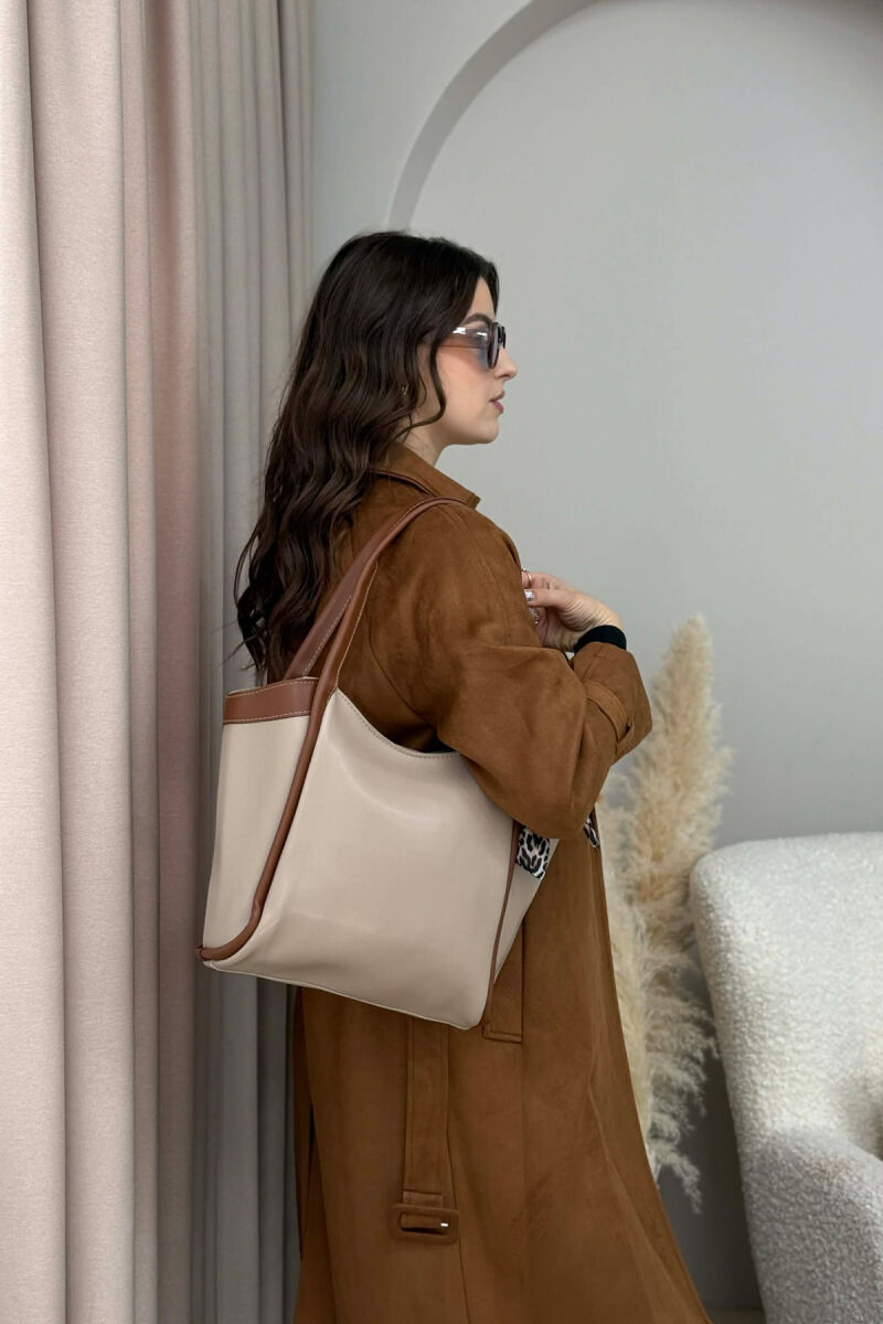 LEATHER SCARF DETAIL WOMEN BAG BEIGE+BROWN/BEZHE+KAFE - 3