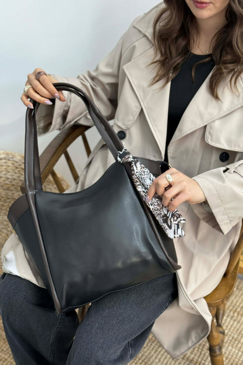 LEATHER SCARF DETAIL WOMEN BAG BLACK-BROWN/ZEKA - 4