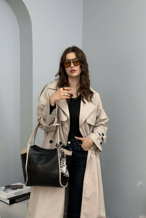 LEATHER SCARF DETAIL WOMEN BAG BLACK-CREAM/ZEKR - 2