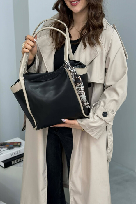 LEATHER SCARF DETAIL WOMEN BAG BLACK-CREAM/ZEKR - 3