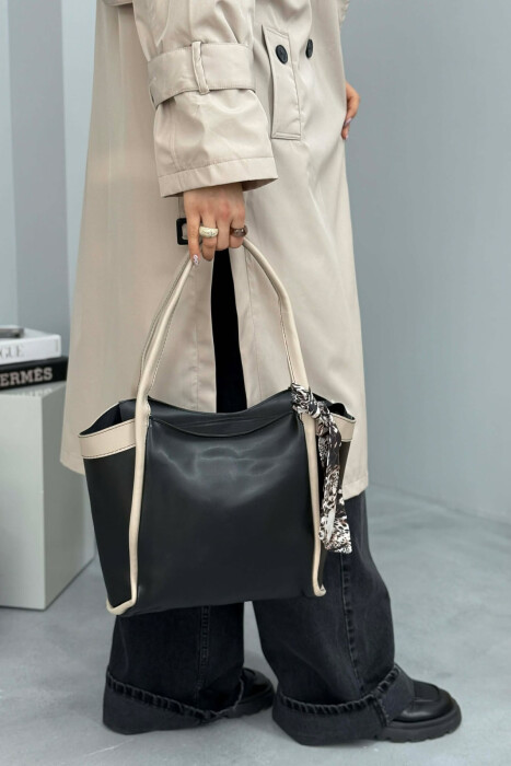 LEATHER SCARF DETAIL WOMEN BAG BLACK-CREAM/ZEKR - 4