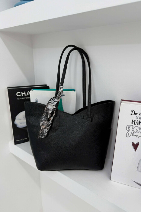LEATHER SCARF DETAIL WOMEN BAG BLACK/ E ZEZE - 1