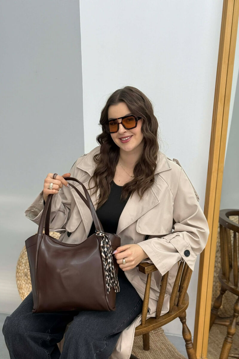 LEATHER SCARF DETAIL WOMEN BAG BROWN/KAFE - 2
