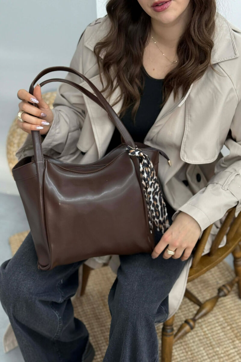 LEATHER SCARF DETAIL WOMEN BAG BROWN/KAFE - 1