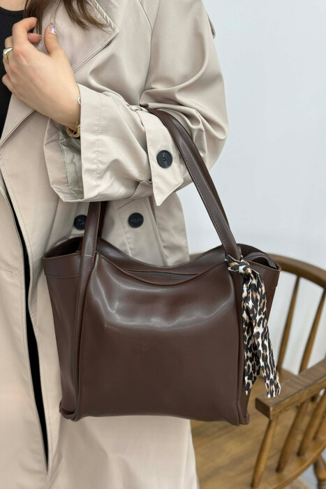 LEATHER SCARF DETAIL WOMEN BAG BROWN/KAFE - 3
