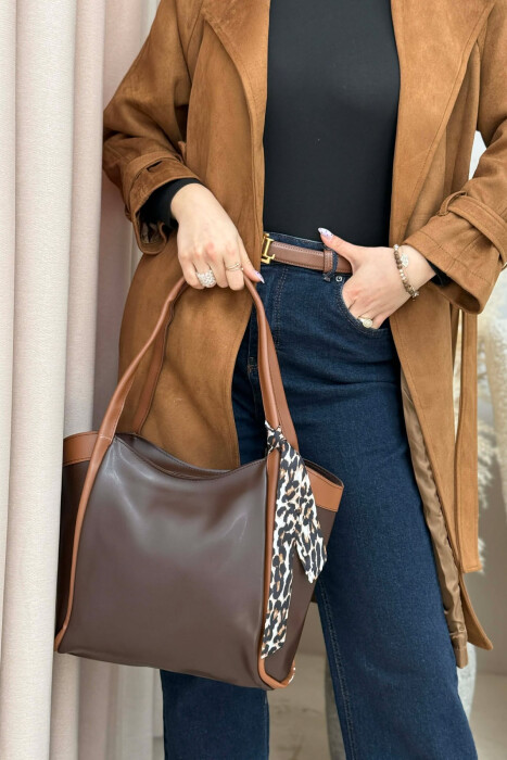 LEATHER SCARF DETAIL WOMEN BAG DARK BROWN/KAFE ERRET 