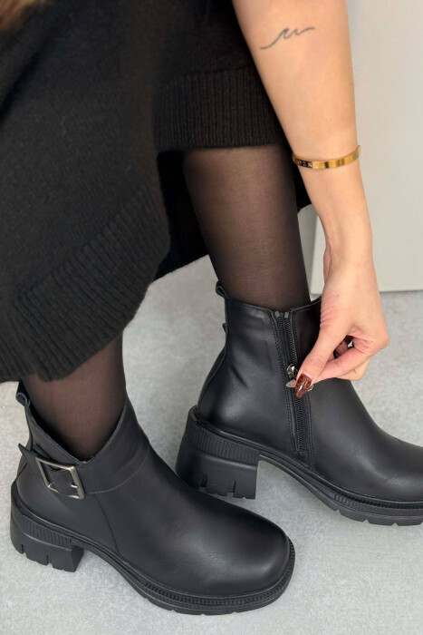 LEATHER SIDE ZIPPER WOMEN ANKLE BOOTS BLACK/ E ZEZE - 1