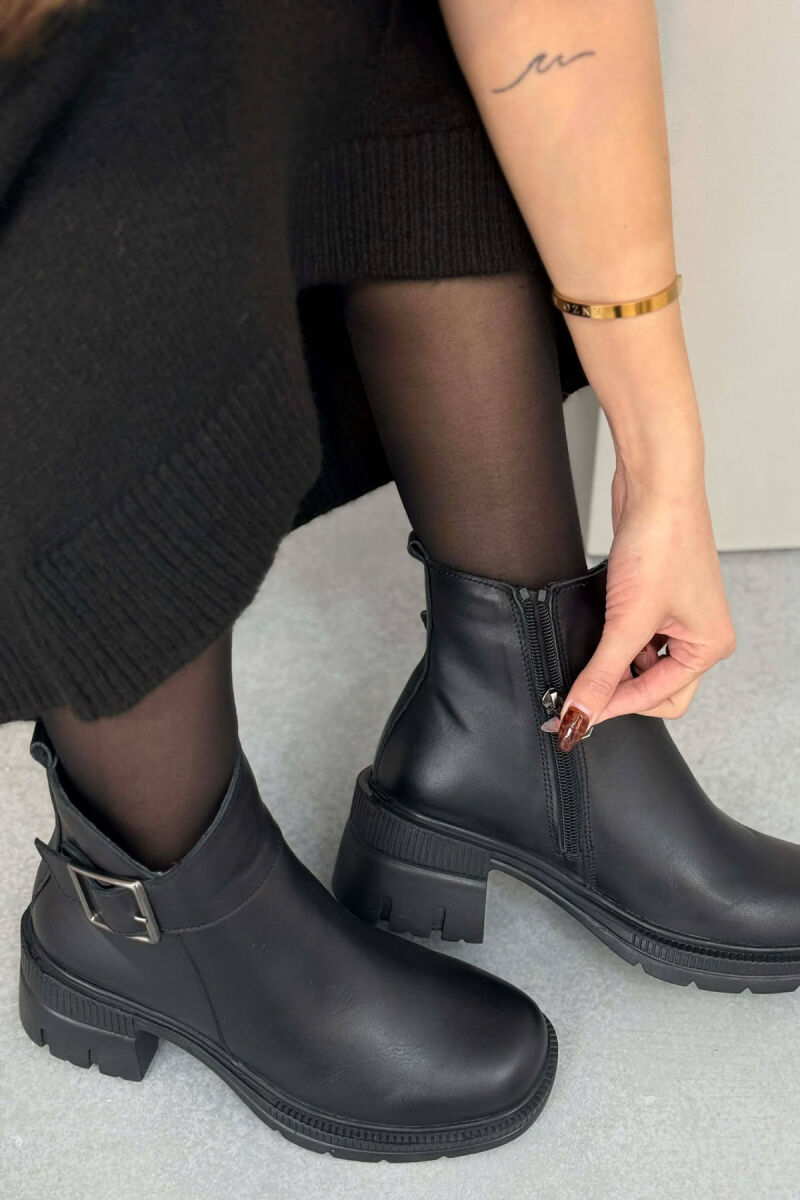 LEATHER SIDE ZIPPER WOMEN ANKLE BOOTS BLACK/ E ZEZE - 1