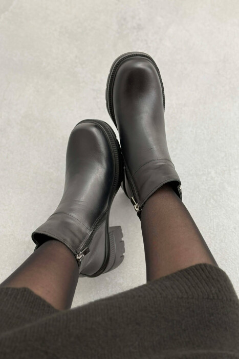 LEATHER SIDE ZIPPER WOMEN ANKLE BOOTS BLACK/ E ZEZE - 2