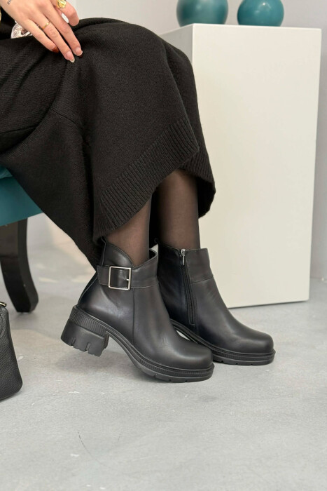 LEATHER SIDE ZIPPER WOMEN ANKLE BOOTS BLACK/ E ZEZE - 3